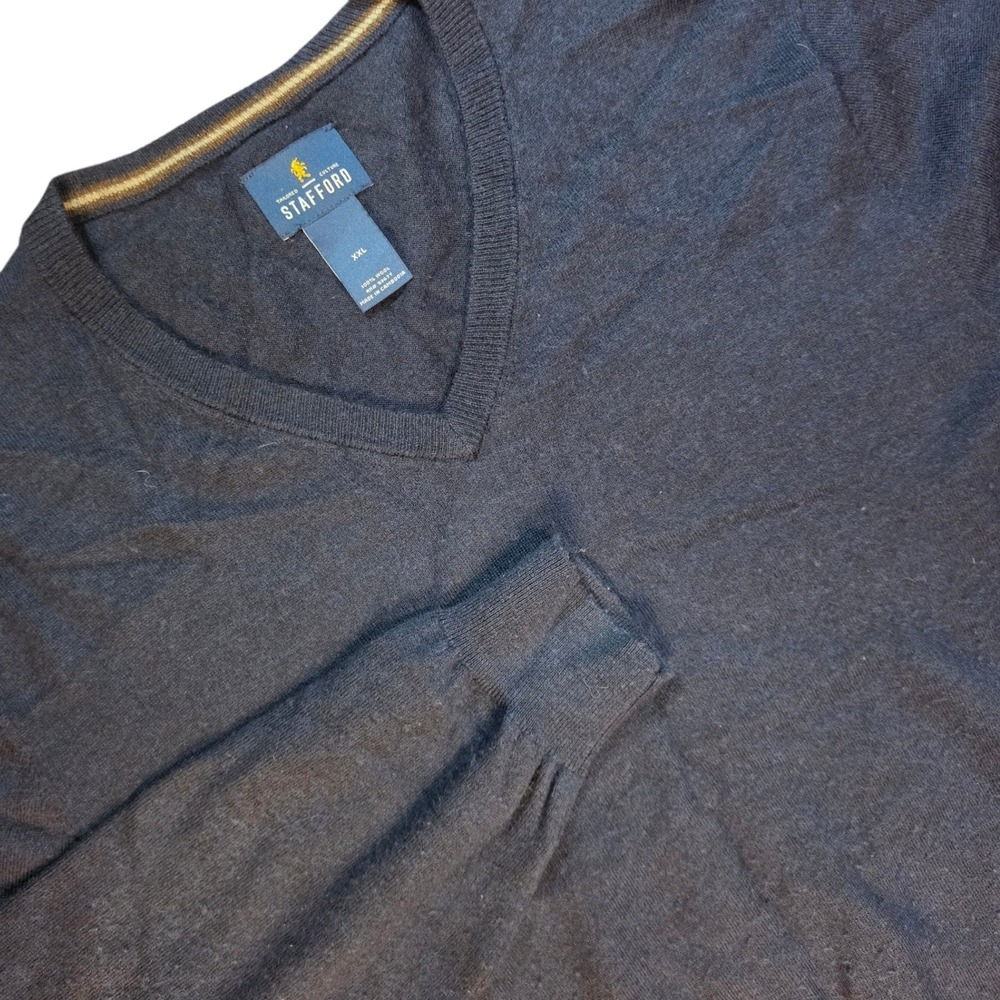 Stafford Mens XXL V-Neck Sweater Navy Blue 100% Wool Long Sleeve Pullover